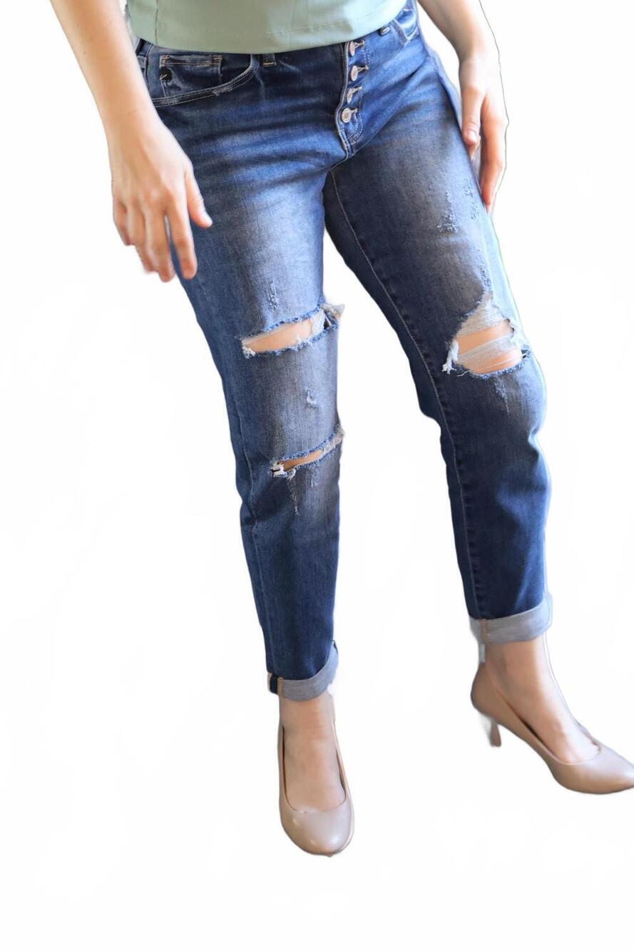 NEW KANCAN high rise button down girlfriend jeans in medium wash